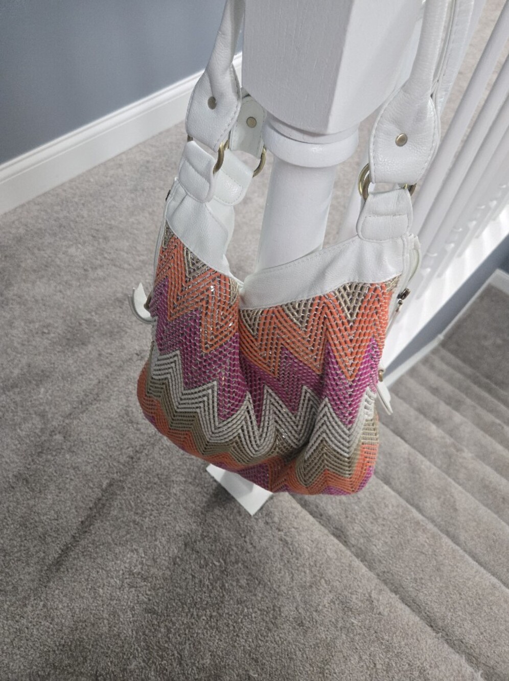 Big Buddha Multicolor Chevron Woven Hobo with White Trim